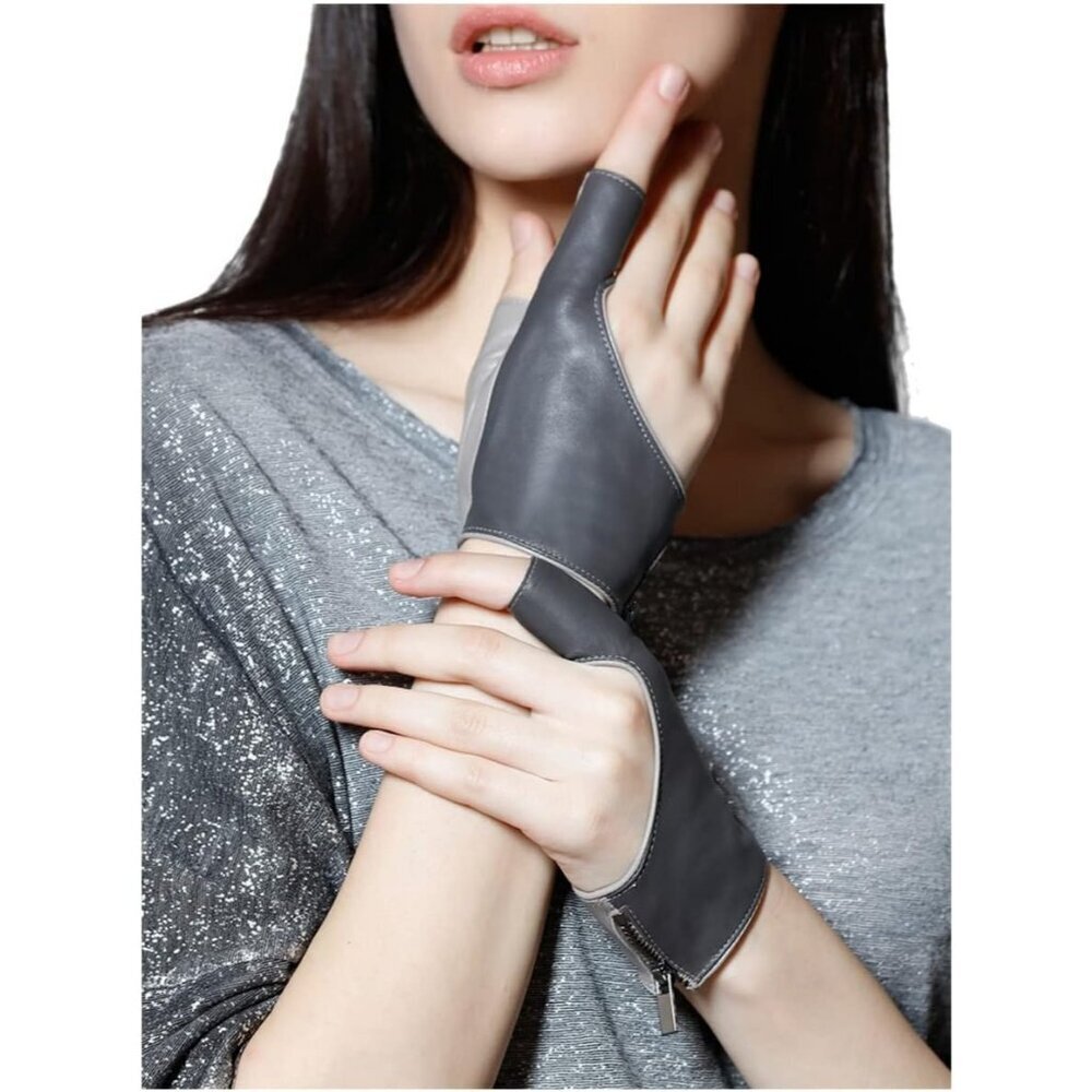 Women's Gray Fingerless Leather Driving Half Finger Gloves Halloween Design